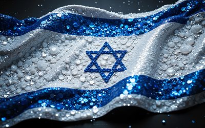 Israeli flag, 4K, gemstones, flag of the Israel, crystals, shiny stones, Israel, creative art, blue gemstones, blue white crystals, Israel flag