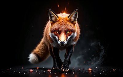 zorro, 4k, depredador, piedras naranjas, animales salvajes, zorros, arte creativo, fondo negro, zorro en la oscuridad, zorro rojo