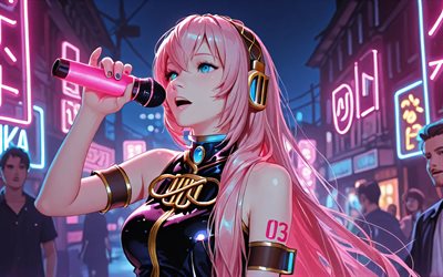 4k, Megurine Luka, concert, street, CV03, Vocaloid, pink star, pink hair, Vocaloid 03, abstract art, Character Vocal Series, Luka Megurine, Vocaloid characters, Megurine Luka Vocaloid