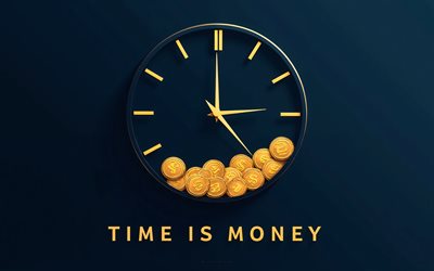 Time is money, 4K, blue background, clock, business quotes, finance quotes, Time is money concepts, Time is money art