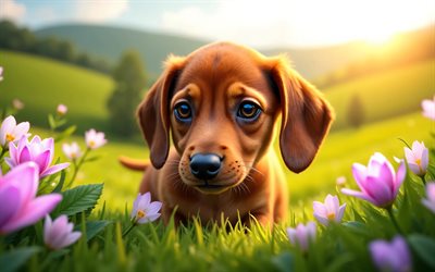 4k, cachorro de perro salchicha, loto, primavera, bokeh, perros, animales lindos, cachorros, mascotas, perro tejonero, flores de primavera, cachorro en el césped, perro salchicha
