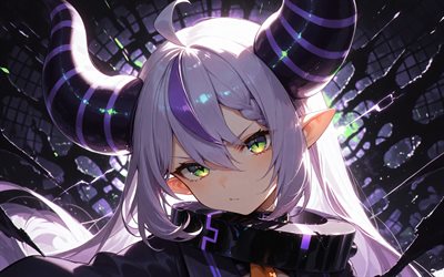 4k, laplus, fond grunge violet, yeux verts, youtubeur virtuel, portrait, obscurité, hololive, vtuber, la ténèbres, mangas, chaîne laplus, youtubeur virtuel laplus