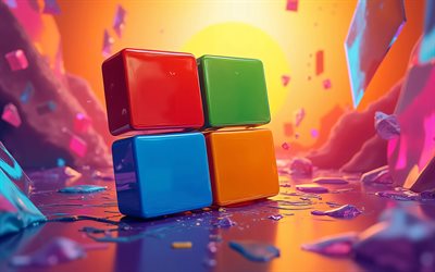 4k, microsoft 3d logo, bokeh, ms logo, abstrakte 3d hintergründe, kunstwerk, kreativ, softwaremarken, microsoft logo, microsoft