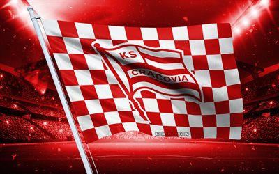 4k, ks cracovia logosu, polonya futbol kulübü, stadyum bayrağı, ks cracovia taraftar bayrağı, kırmızı beyaz bayrak, ks cracovia amblemi, ekstraklasa, polonya, futbol, ks cracovia