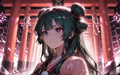 maomao, 4k, puertas torii, kimono, los diarios del boticario, noche, manga, protagonista, los personajes de el diario del boticario, torii, obra de arte, maomao los diarios del boticario