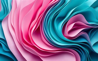4k, موجات ثلاثية الأبعاد ملونة, الخلفية الفيروزية الوردية, تصميم المواد, التجريد الملونة, منحنيات ثلاثية الأبعاد ملونة, خلفية متموجة مجردة, مبدع, منحنيات مجردة, عمل فني, موجات مجردة, خلفيات مجردة