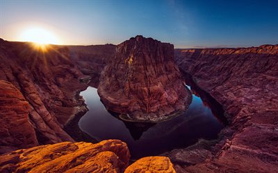 courbe en fer à cheval, fleuve colorado, matin, désert, canyon, falaises, monuments américains, riz solaire, arizona, usa, amérique, états unis, beaux paysages, rivières