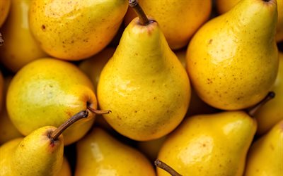 peras amarillas, 4k, de cerca, frutas frescas, peras premium, frutas maduras, peras maduras, fondo con peras, frutas, peras