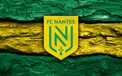 logo en bois du fc nantes, 4k, fond en bois jaune vert, ligue 1, football, logo du fc nantes, emblème du fc nantes, fc nantes, club de football français