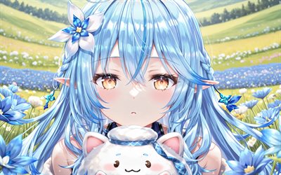 4k, yukihana lamy, flores azules, prado, youtuber virtual, verano, creativo, vtuber, chica con ojos amarillos, hololive, manga, canal yukihana lamy, youtuber virtual yukihana lamy