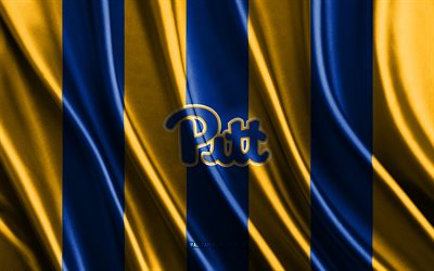 4k, Pittsburgh Panthers logo, NCAA, yellow blue silk texture, Pittsburgh Panthers flag, American football club, silk flag, Pittsburgh Panthers emblem, USA, Pittsburgh Panthers