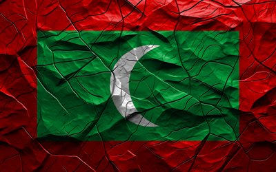 4k, bandera de maldivas, textura de piedra, asia, bandera 3d de maldivas, fondo con grietas, maldivas