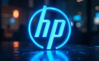 4k, leuchtendes hewlett packard logo, blaue blendung, dunkelheit, marken, blaues neon logo von hewlett packard, drähte, elektronikmarken, hewlett packard logo, hp logo, hewlett packard, ps
