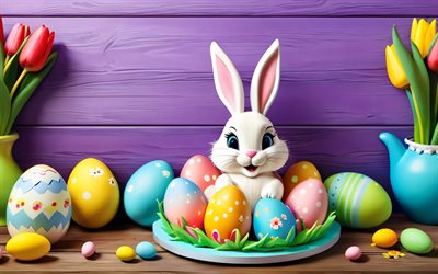 4k, conejito de pascua, tulipanes coloridos, fondo de madera violeta, coloridos huevos de pascua, arte de dibujos animados, decoraciones de pascua, conejo, fondos de pascua, conejitos, conejitos de pascua, huevos de pascua, pascua de resurrección