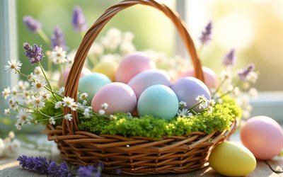 Easter egg basket, spring landscape, Happy Easter, decorated eggs, Easter concepts, spring flowers, Easter decorations, Easter