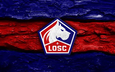 holzlogo des lille osc, 4k, blau roter holzhintergrund, ligue 1, fußball, logo des lille osc, lille osc emblem, lille osc, französischer fußballverein, fc lille