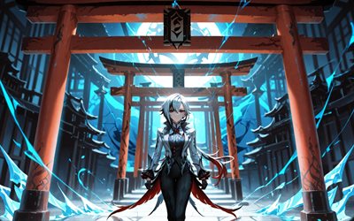 4k, arlecchino, blaue blendung, genshin impact, torii tor, rote augen, dunkelheit, torii, anime charaktere, kunstwerk, nacht, genshin impact charaktere, arlecchino genshin impact