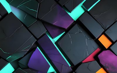 4k, أضواء النيون الملونة, خلفية الحجر 3d, الظلام, شظايا ثلاثية الأبعاد سوداء, مبدع, خلفية مجردة داكنة, نمط هندسي مجزأ, عمل فني, خلفيات ثلاثية الأبعاد داكنة, الأشكال, خلفيات ثلاثية الأبعاد, أشعة النيون الملونة