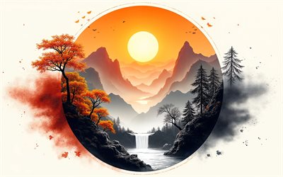 paisaje japonés, noche, atardecer, cascada, paisaje nocturno, paisaje de montaña, río, montañas, japón, arte de paisajes japoneses