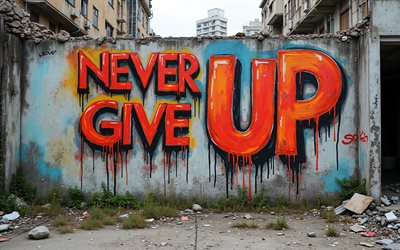 Never Give Up, 4k, abandoned building, street art, graffiti, motivation, inspiration, popular short quotes, Never Give Up concepts, Never Give Up inspiration, creative, Never Give Up Art