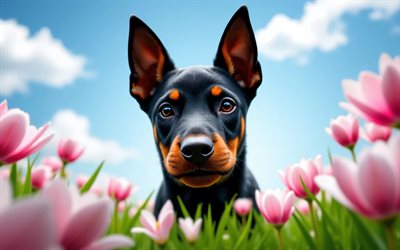 4k, Dobermann puppy, close-up, spring, bokeh, dogs, pink tulips, cute animals, puppies, pets, Dobermann, spring flowers, puppy on the lawn, Dobermann Dog