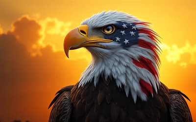 4k, النسر الأصلع, غروب, العلم الأمريكي على الوجه, علم الولايات المتحدة الأمريكية, الطيور الجارحة, رمز الولايات المتحدة الأمريكية, فن النسر الأصلع, العلم الأمريكي, 4 يوليو, عمل فني, النسور, الولايات المتحدة الأمريكية, الرابع من يوليو, فن ثلاثي الأبعاد