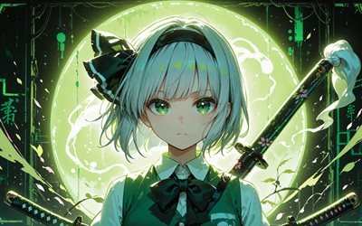 4k, youmu konpaku, espada, luna verde, proyecto touhou, manga, oscuridad, personajes touhou, touhou, konpaku youmu, personajes de anime, youmu konpaku touhou