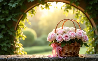 panier en osier avec roses roses, 4k, bouquet de printemps, printemps, roses roses, bouquet de roses, panier avec des roses, bouquets de printemps, roses