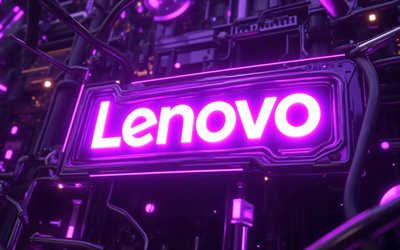 logotipo neon roxo da lenovo, 4k, fundo 3d roxo, escuridão, marcas de eletrônicos, criativo, marcas, logotipo brilhante da lenovo, obra de arte, logotipo da lenovo, lenovo