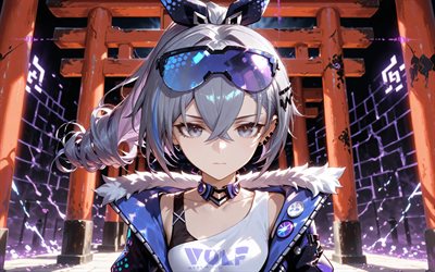 4k, lobo plateado, puertas torii, resplandor violeta, carril estelar honkai, oscuridad, personajes de anime, manga, personajes de honkai star rail, carril estelar honkai del lobo plateado