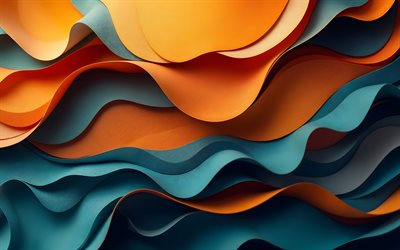 4k, bunte 3d wellen, orange türkisfarbene wellen, materialdesign, bunte abstraktion, bunte 3d kurven, abstrakter welliger hintergrund, abstrakte kurven, kunstwerk, abstrakte wellen, abstrakte hintergründe