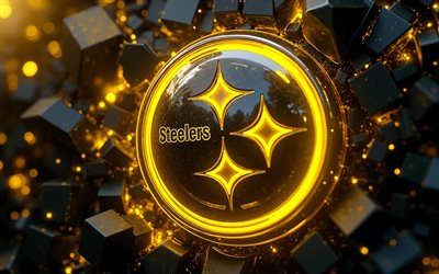 Pittsburgh Steelers glass logo, 4k, black yellow 3D background, NFL, american football, Pittsburgh Steelers logo, Pittsburgh Steelers 3D logo, american football team, Pittsburgh Steelers