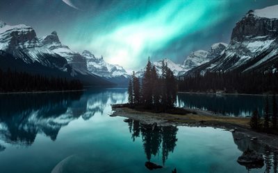 lago maligne, 4k, noche, luces polares, isla espíritu aurora, parque nacional jasper, alberta, canadá, aurora polar, montañas, bosque, hitos canadienses