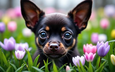 4k, جرو تشيهواهوا, كلب مضحك, ربيع, خوخه, كلاب, حيوانات لطيفة, الجراء, حيوانات أليفة, تشيهواهوا الظلام, زهور الربيع, تشيهواهوا, جرو على العشب, كلب تشيهواهوا