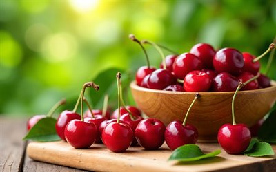 4k, cuenco de madera con mora, bokeh, bayas maduras, frutas de verano, frutas frescas, verano, de cerca, frutas maduras, mora madura, bayas, cereza, fondo con mora, frutas, zarzamora