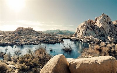 parque nacional, deserto, rock, lago, pedras, califórnia, eua, américa