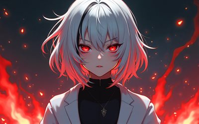 アルレッキーノ, 4k, 暗闇, genshin impact, 火の炎, 赤い目, アニメキャラクター, アートワーク, genshinはキャラクターに影響を与えます, arlecchino genshin impact