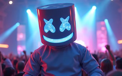 4k, dj marshmello, コンサート, 音楽スター, 3dアート, クリストファー・コムストック, marshmelloマスク, アメリカのdj, スーパースター, 3d marshmello, 人気のある歌手, マシュメロ, dj, marshmello 4k