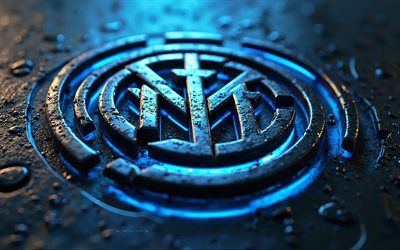 4k, logo in acciaio 3d inter, club di calcio italiano, fc internazionale, luce neon blu, backound di metallo nero, logo inter milan, dettagli, inter, logo internazionale, emblema dell'inter