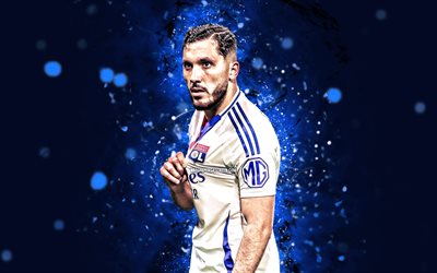 4k, rayan cherki, fond de résumé bleu, lyon, ligue 1, footballeurs français, rayan cherki 4k, néons bleus, football, lyon fc, mathis rayan cherki, olympique lyonnais, rayan cherki lyon