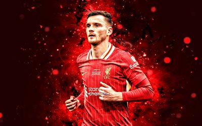 4k, andrew robertson, punainen abstrakti tausta, liverpool, premier league, skotlantilaiset jalkapalloilijat, andrew robertson 4k, punaiset neonvalot, jalkapallo, andrew henry robertson, liverpool fc, andrew robertson liverpool