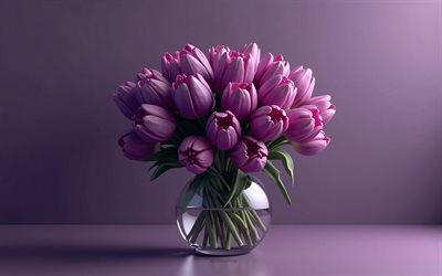 4k, buquê de tulipas roxas, fundo roxo, tulipas roxas, flores 3d, tulipas 3d, tulips bouquet, flores roxas, tulipas, fundo com tulipas roxas, tulipas roxas 3d