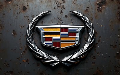 4k, logo cadillac metal, sfondo del grunge metallico, cadillac, grunge art, emblema cadillac, auto americane, texture di grunge in metallo, logo 3d cadillac