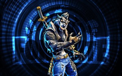 kurtadam fortnite, 4k, mavi spiral arka plan, fortnite, yaratıcı, kurt adam derisi, fortnite kurtadam derisi, kurt adam, fortnite karakterleri