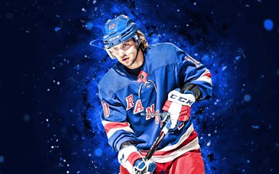 Artemi Panarin, 4k, blue neon lights, New York Rangers, NHL, russian hockey players, Artemi Panarin 4K, hockey, National Hockey League, Artemi Panarin New York Rangers
