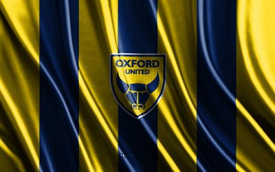 4k, oxford united fc logosu, şampiyonluk, mavi sarı ipek dokusu, oxford united fc bayrağı, ingiliz futbol takımı, futbol, ipek bayrağı, oxford united fc amblemi, ingiltere, oxford united fc rozeti, oxford united fc