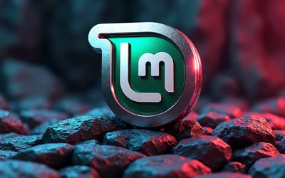 4k, logo in metallo 3d linux mint, sfondo di pietra, emblema della menta linux, logo sulle pietre, 3d art, logo linux mint, linux, sistema operativo, linux mint