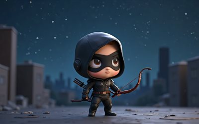 occhio di falco, 4k, supereroi, chibi art, marvel comics, hawkeye chibi, notte, 3d art, hawkeye 3d, fan art, hawkeye 4k