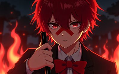 フカゼ, 4k, 火の炎, ボーカロイド, 夜, 漫画, レッドテープ, アニメキャラクター, ボーカロイド文字, フカゼ・ボーカロイド