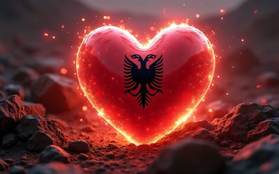 I Love Albania, 4k, red stone background, 3D art, creative, Day of Albania, flag of Albania, heart with Albanian flag, 3D hearts, Albanian flag, Albania, Love for Albania
